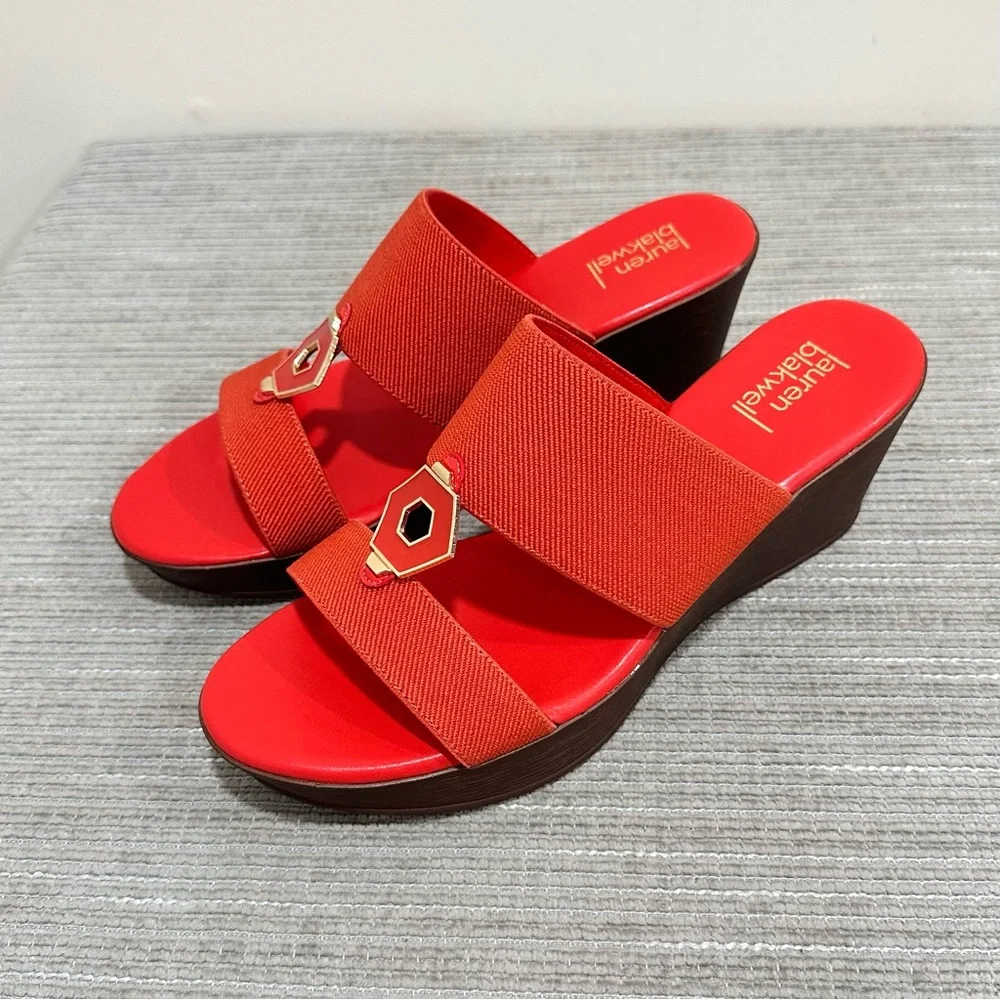 Lauren Blakwell Women's Coral Red Stretch Wedge Sandals - Size 10‎ NWOT